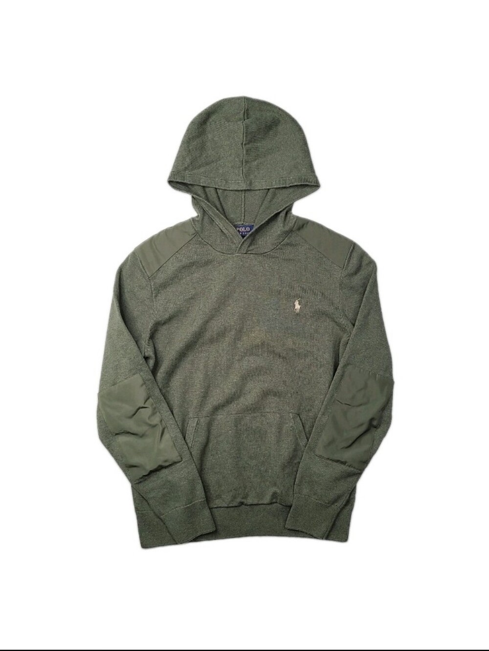 Polo Ralph Lauren Knit Hoodie M Olive Heathered Green Elbow Shoulder Patches